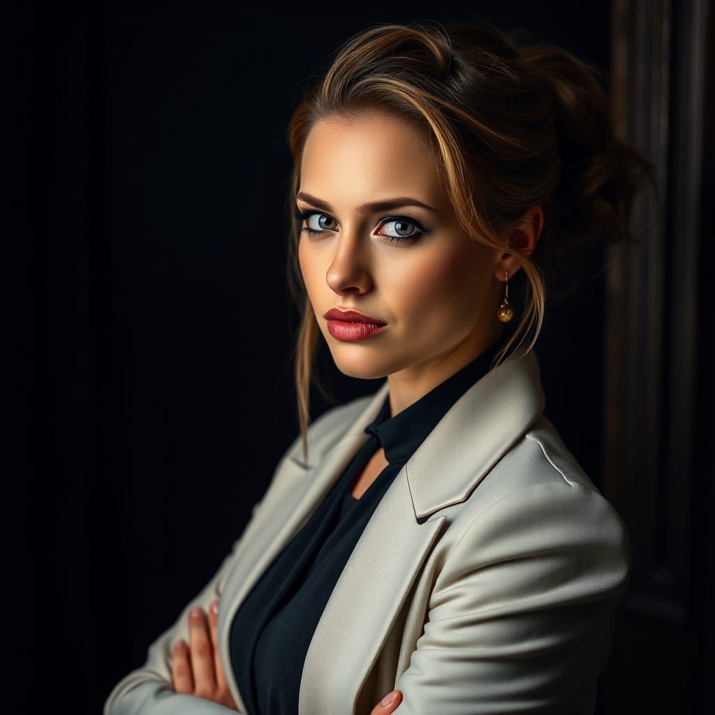 Skeptical Woman in Dark Room, Fine Art Photography