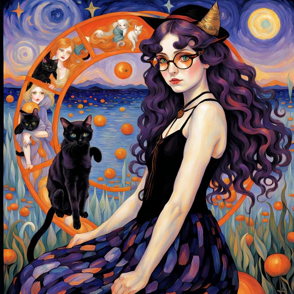 Anime Witch with Black Cat, Inspired by Klee and Klimt