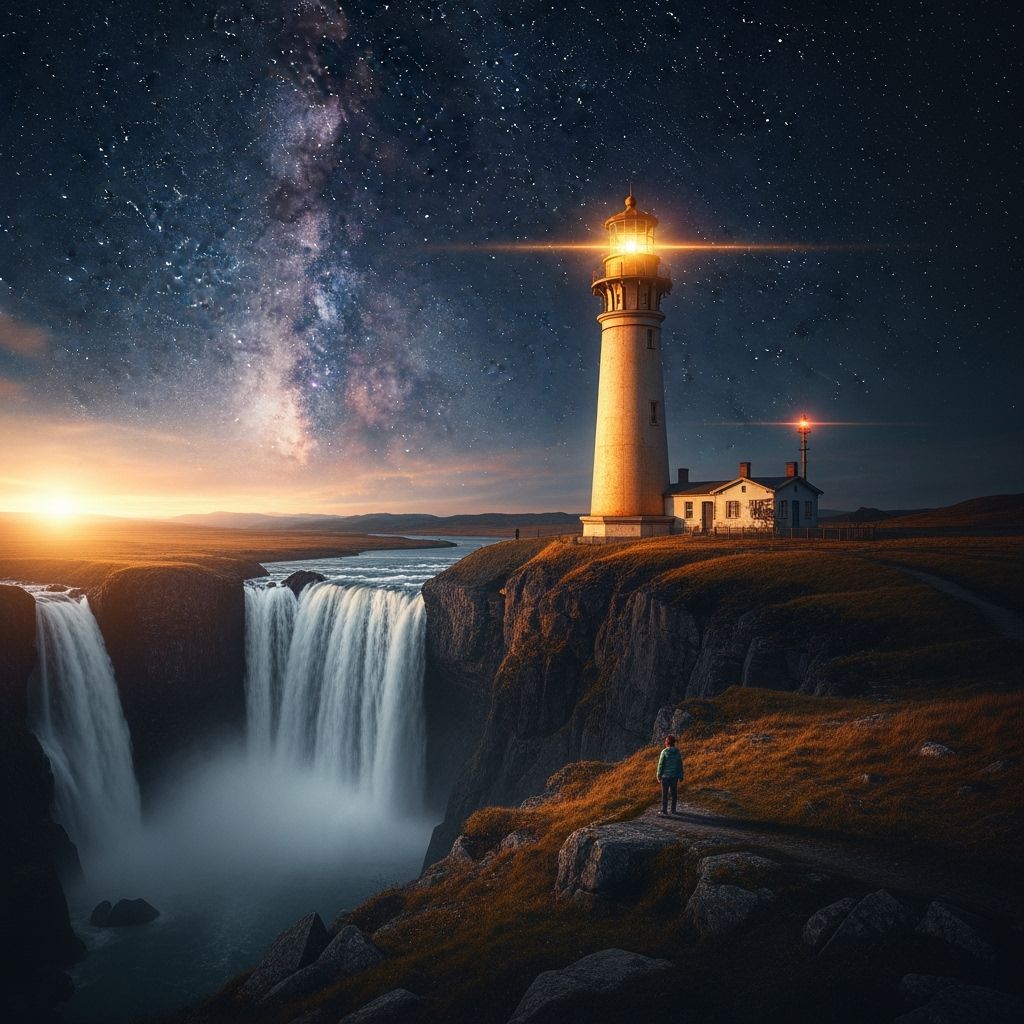 Golden Lighthouse at World's Edge: Surreal Galaxy