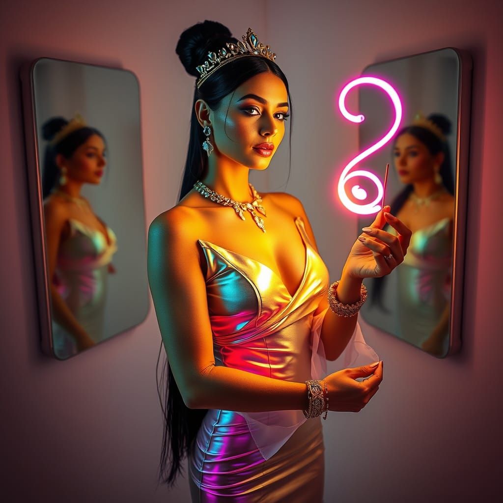 Futuristic Woman in Pearl Iridescent Gown with Art Supplies