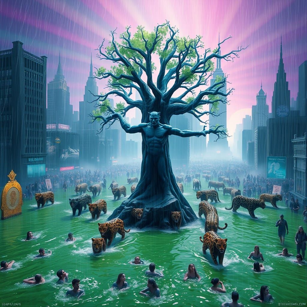 Blue Leopard Shaman in Flooded City Dreamscape