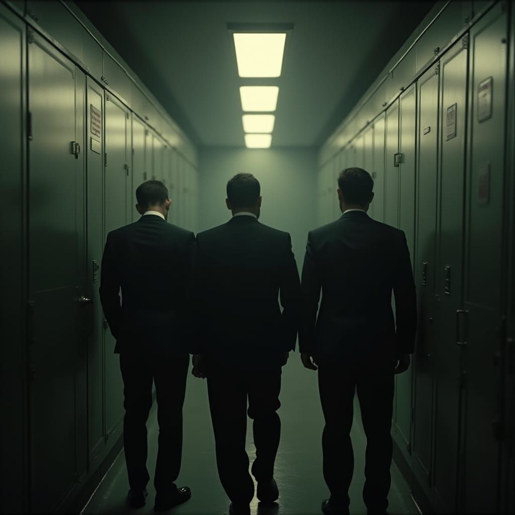 Men in Formal Attire in a Cinematic Public Restroom