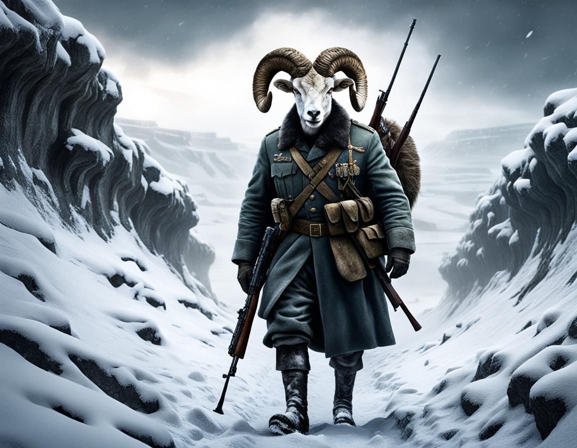WWII Ram Soldier in Snowy Russian Trench