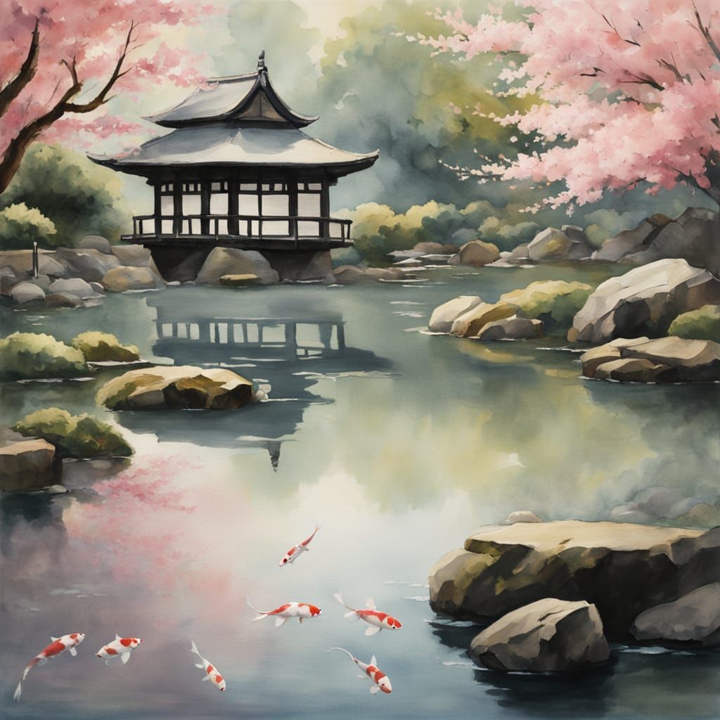 Serene Japanese Garden in Springtime Watercolour