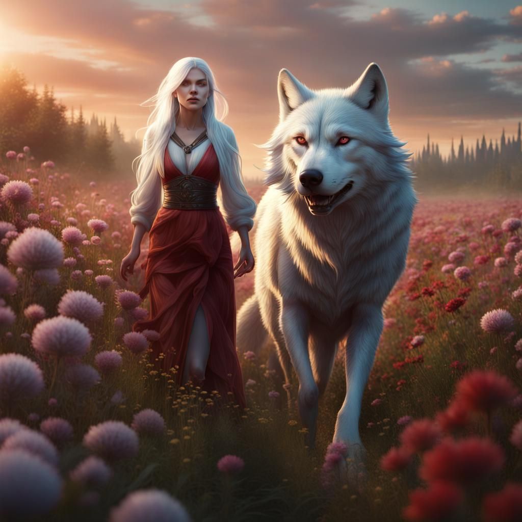Woman and Wolf Walking in Flower Field