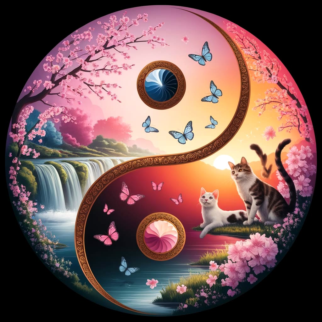 Intricate Yin Yang with Cherry Blossoms and Butterflies