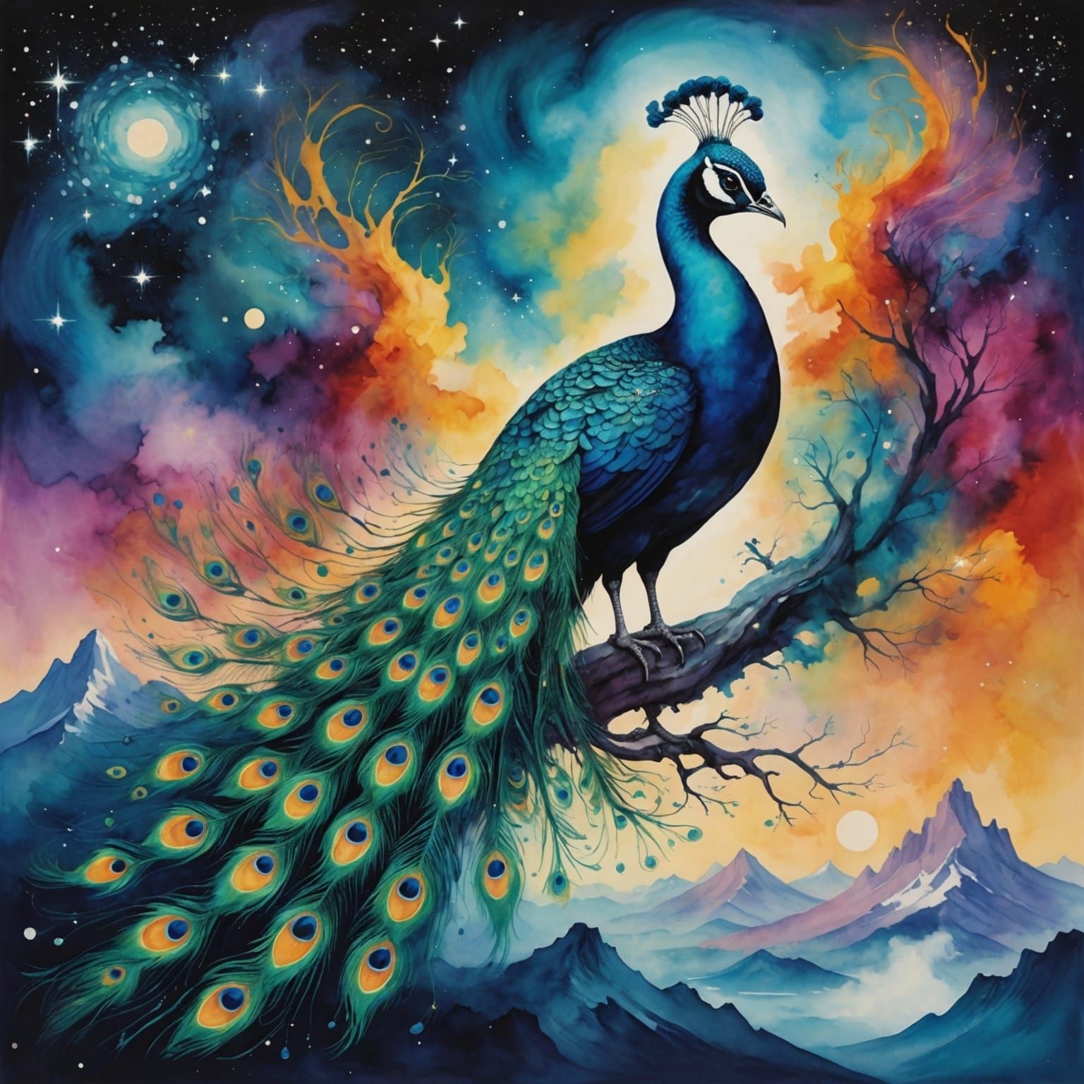 Celestial Peacock in Watercolor Galaxy, Surreal Art