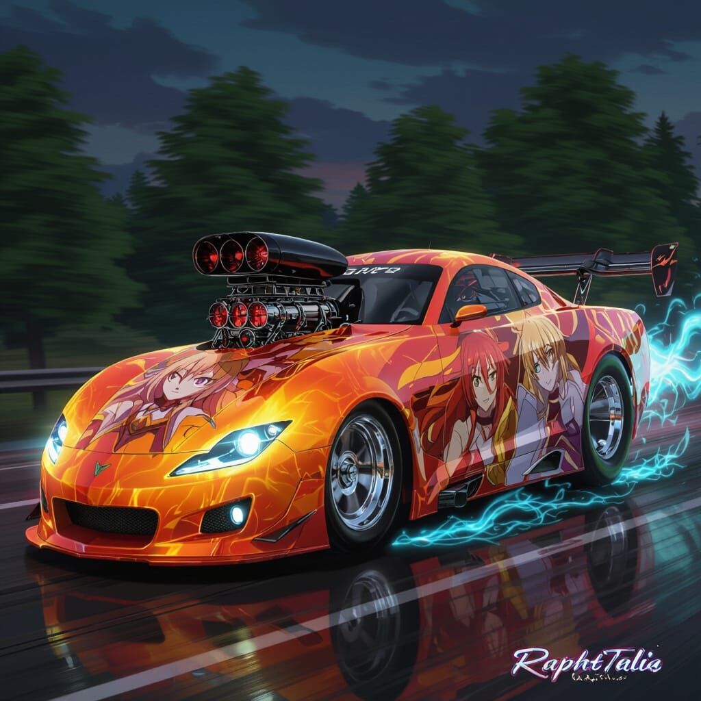 Anime Dragster with Magical Mana Trails and Flames
