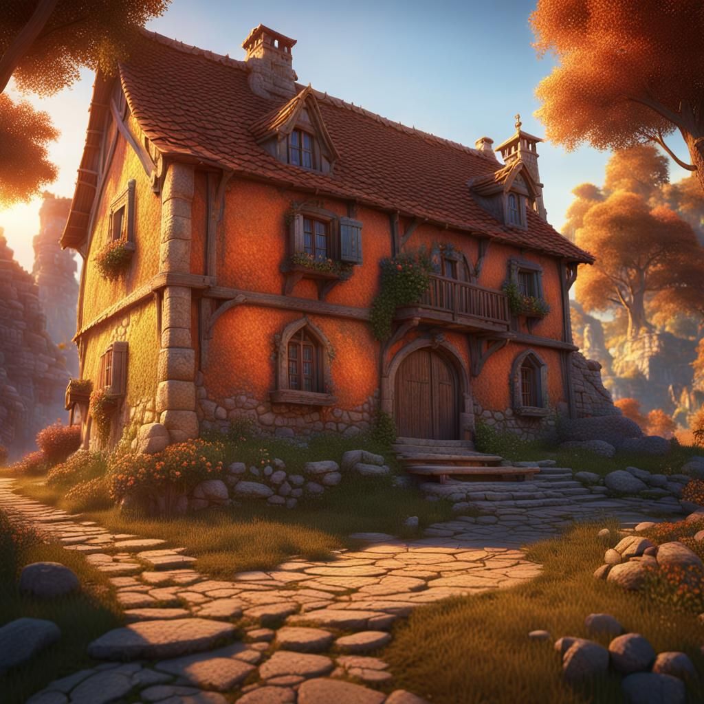 Medieval House at Sunset in Fantasy Concept Art