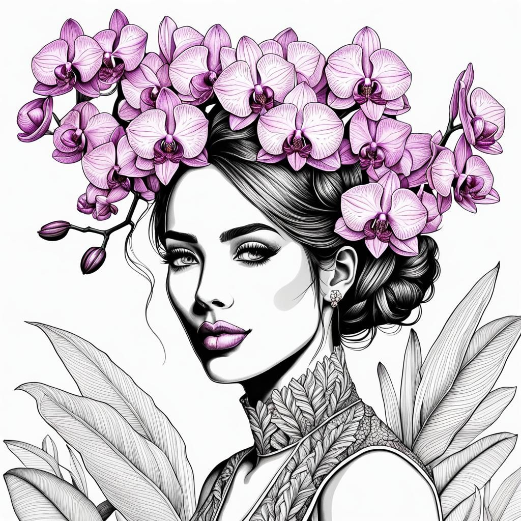 Girl with Pink Orchid Crown: Hyperdetailed Ink Botanical Art