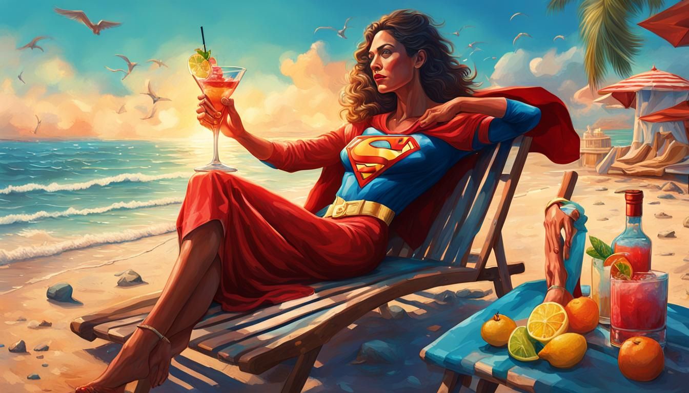 Super Woman Relaxing on Beach in Splash Art Style