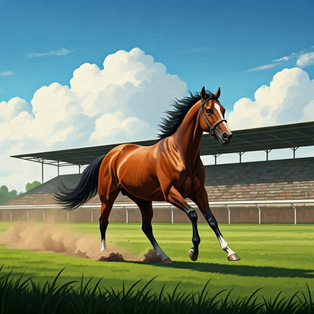 Elegant Thoroughbred Gallops Across Empty Stadium
