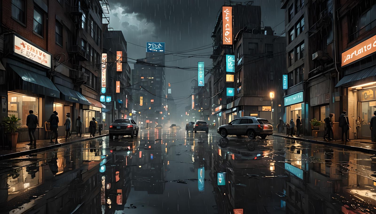 Dystopian City Rainstorm Reflections in Cubist Style