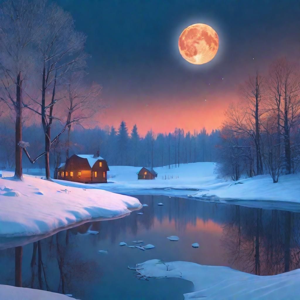 Serene Winter Landscape Under Full Moon