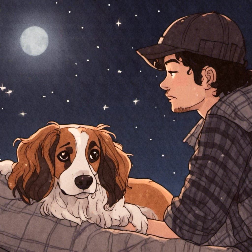 Anime Portrait Gazing at Stars by Moonlight