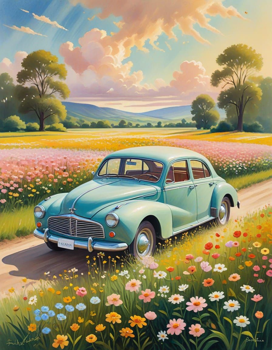 Vintage Car in Flower Field as Gouache Painting
