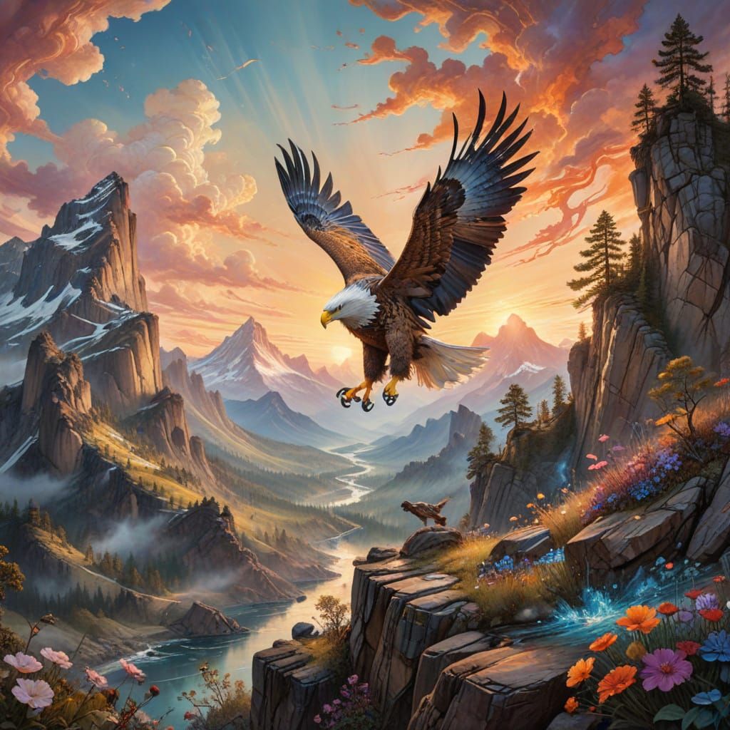 Mountain Eagle in Sunset Glory, Watercolor Ink Masterpiece