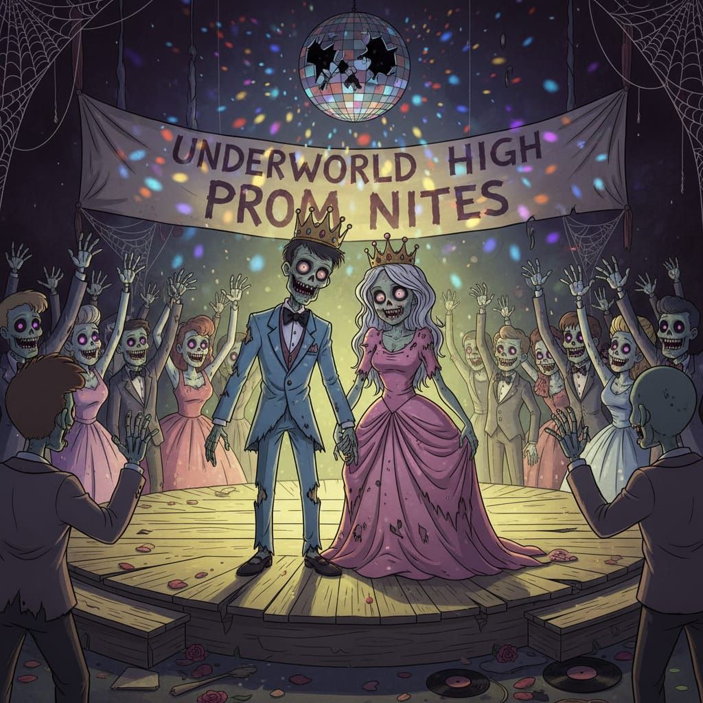 Undead Prom Royalty Crowned in Eerie Disney Animation Style