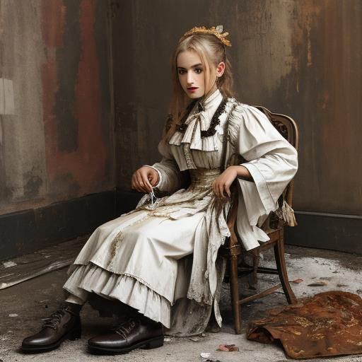 Balthus style Lady wearing a plaster Paris gauze dress white garter, melted tar, rust and straw and patina something lik...