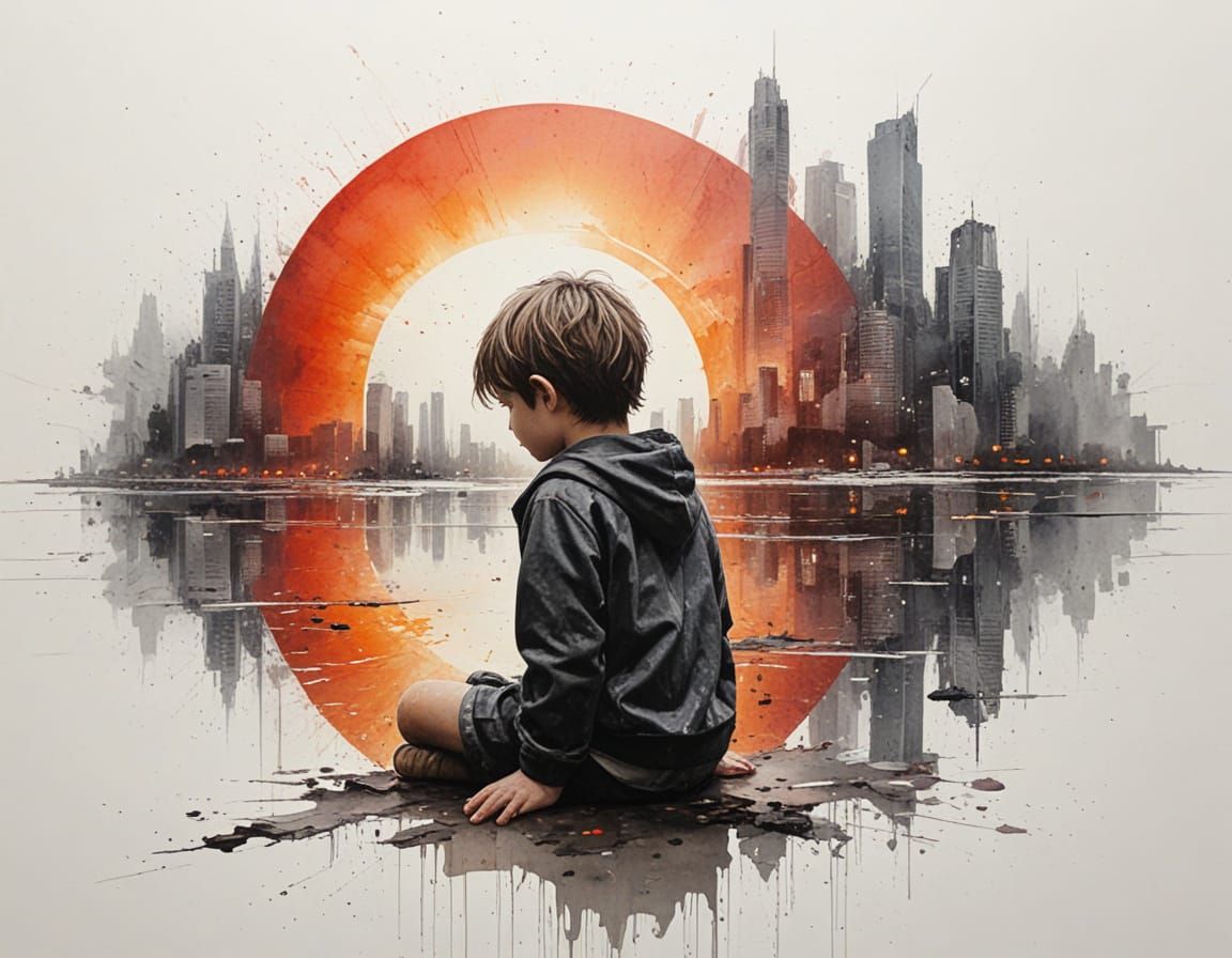 Surreal Urban Scene: Child Contemplates Cityscape Under Mood...