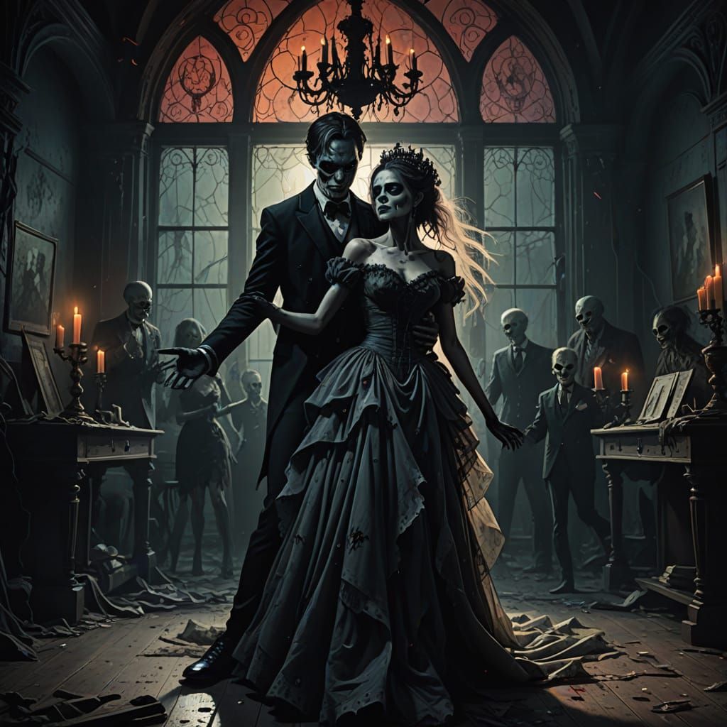 Zombie Prom Queen and King Dance in Decaying Ballroom