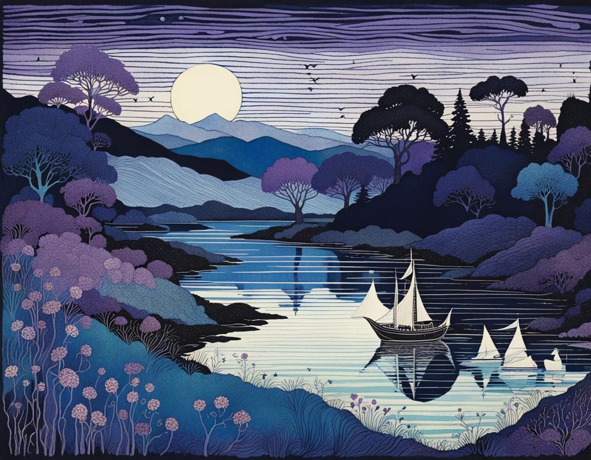 Night Blue Landscape in Hand-Colored Linoprint Style