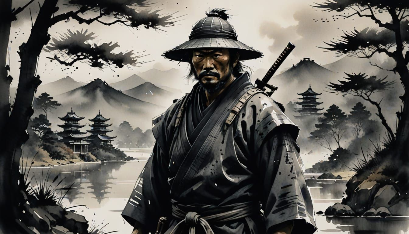 Ronin in Japanese Landscape as Ink Wash Painting