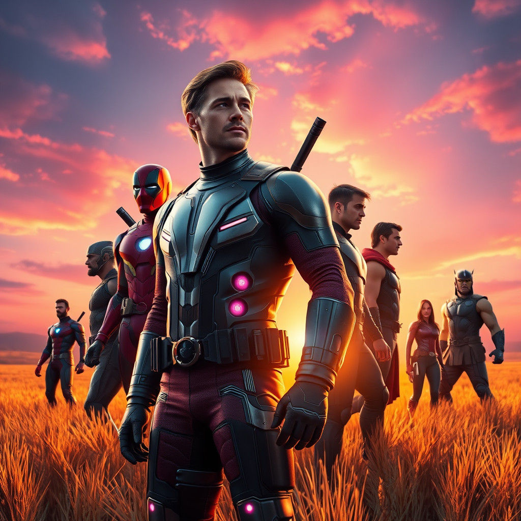 Superhero Team in Golden Field with Synthwave Sunset