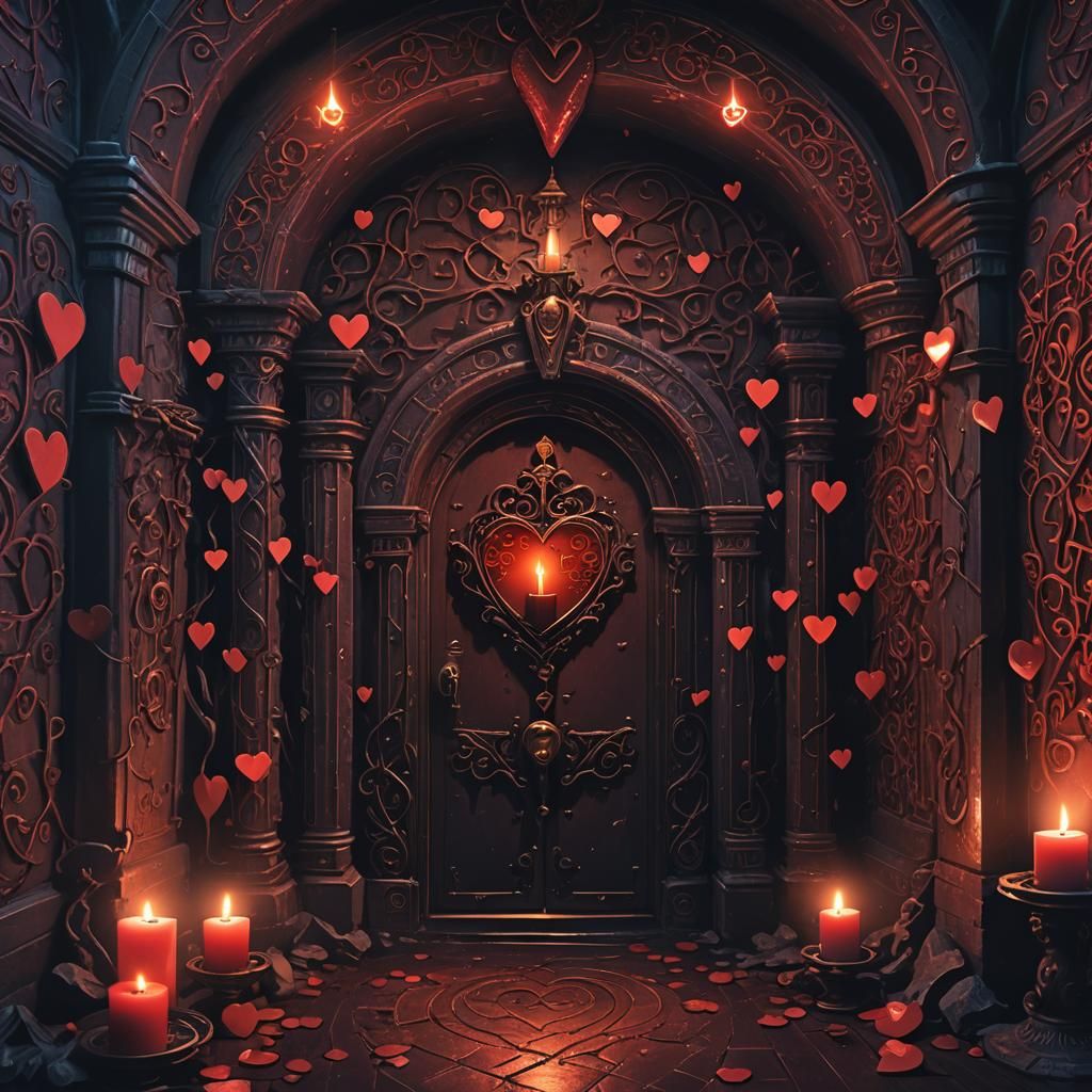 Mysterious Candle-Lit Chamber with Entwined Hearts