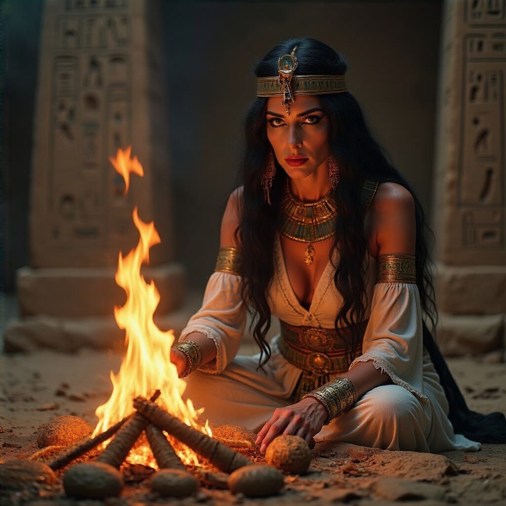 Egyptian Sorceress Summoning Fire Snake by Bonfire