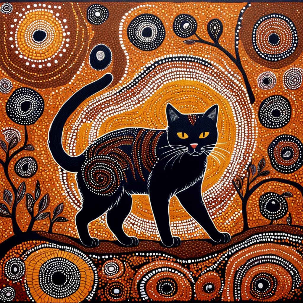 Aboriginal Cat Hunting in Dot Painting Style