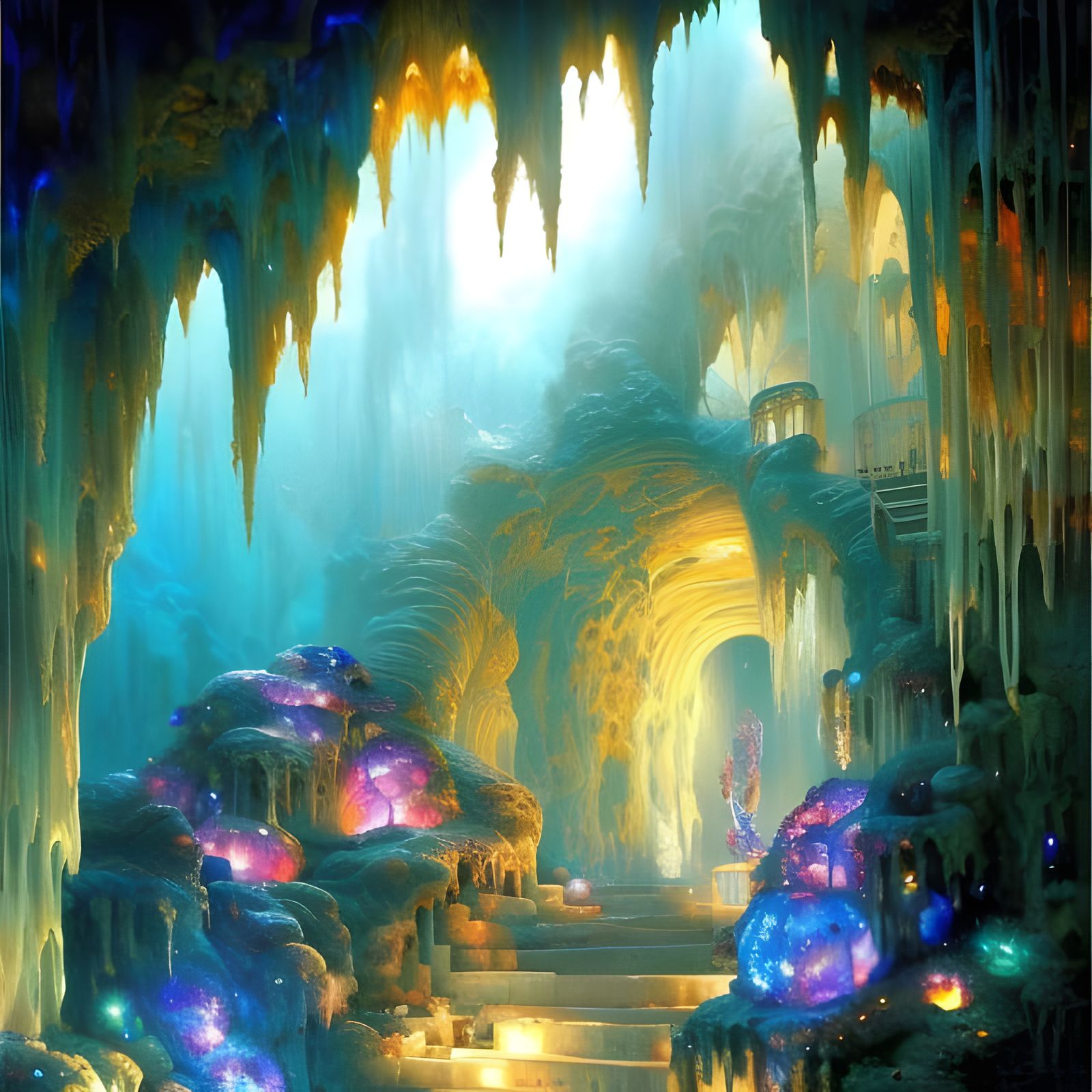 Glowing Crystal Cave with Colorful Geodes