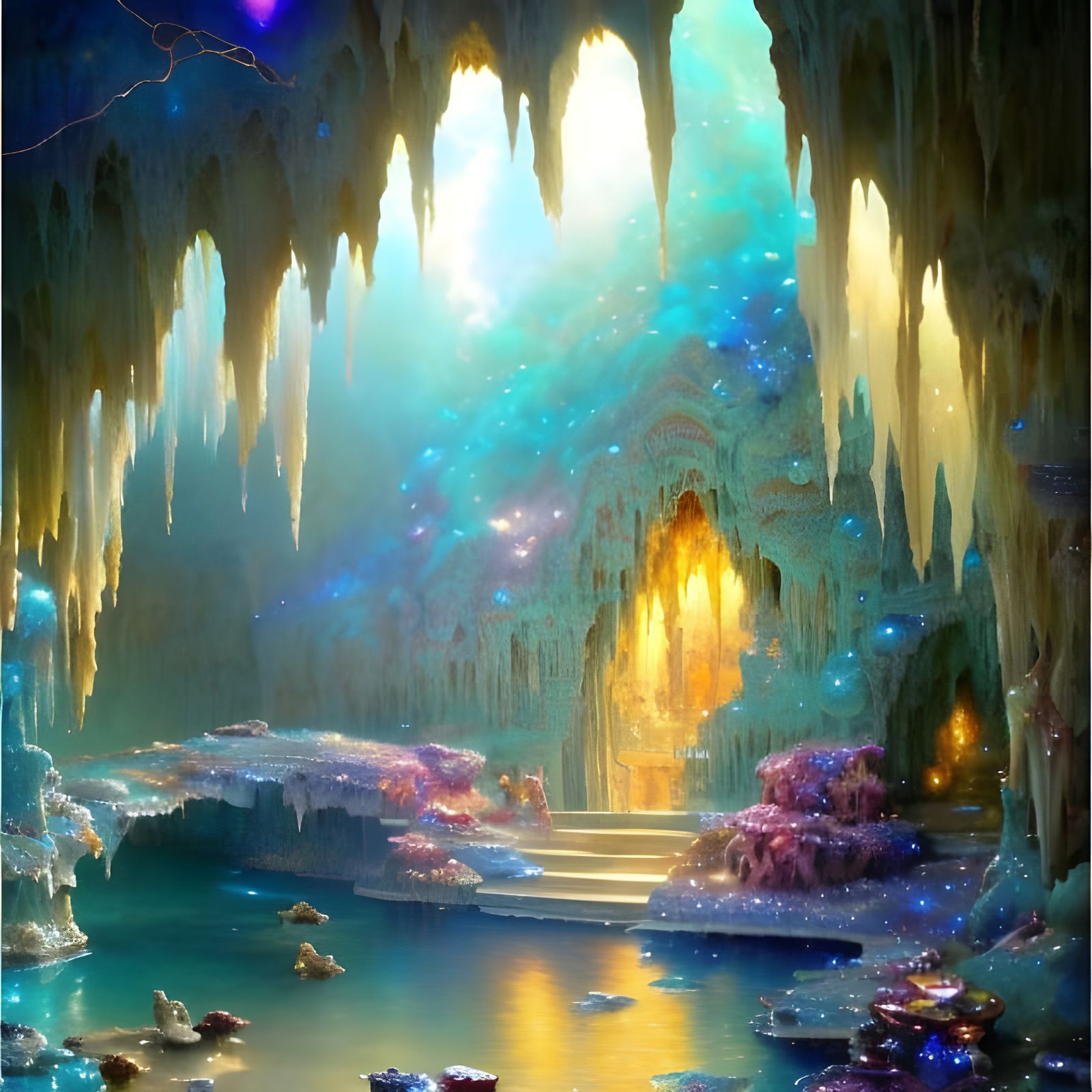 Glowing Crystal Cave with Colorful Geodes