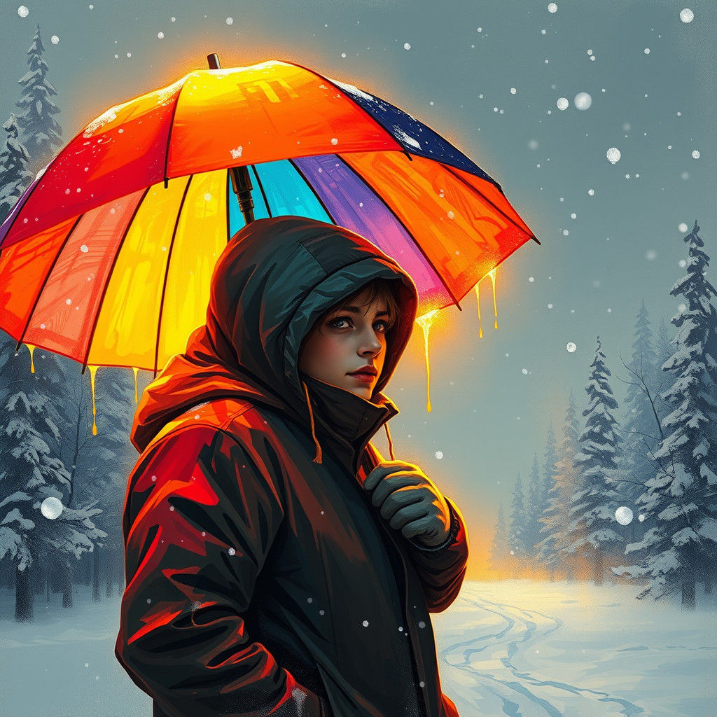 Glowing Umbrella Shields From Snowfall in Graffiti Art