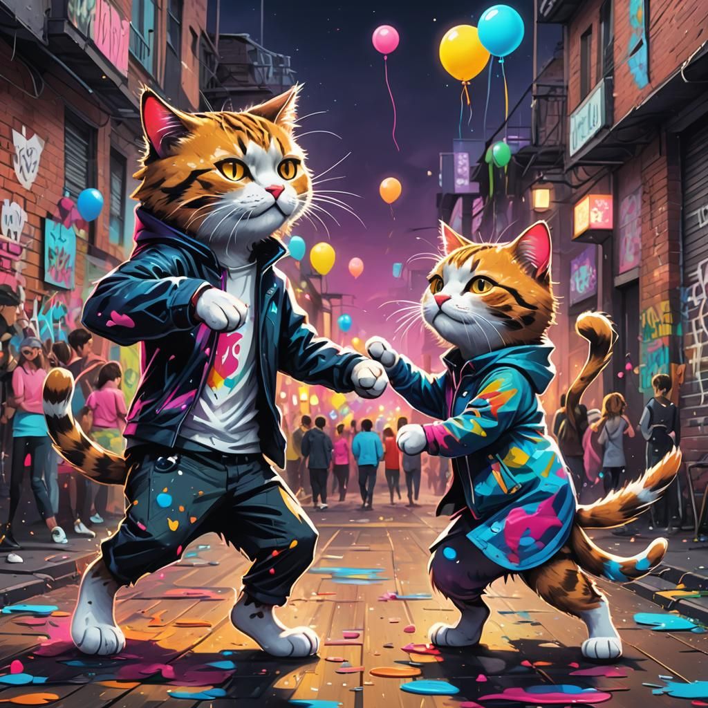 Romantic Cat Couple Dancing in Graffiti Street Art