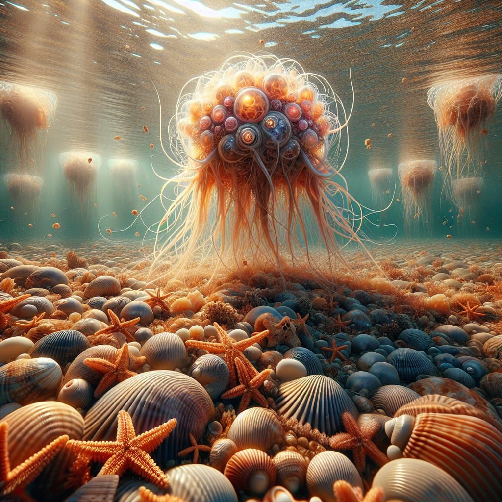 Underwater Landscape with Luminescent Jellyfish as Matte Pai...