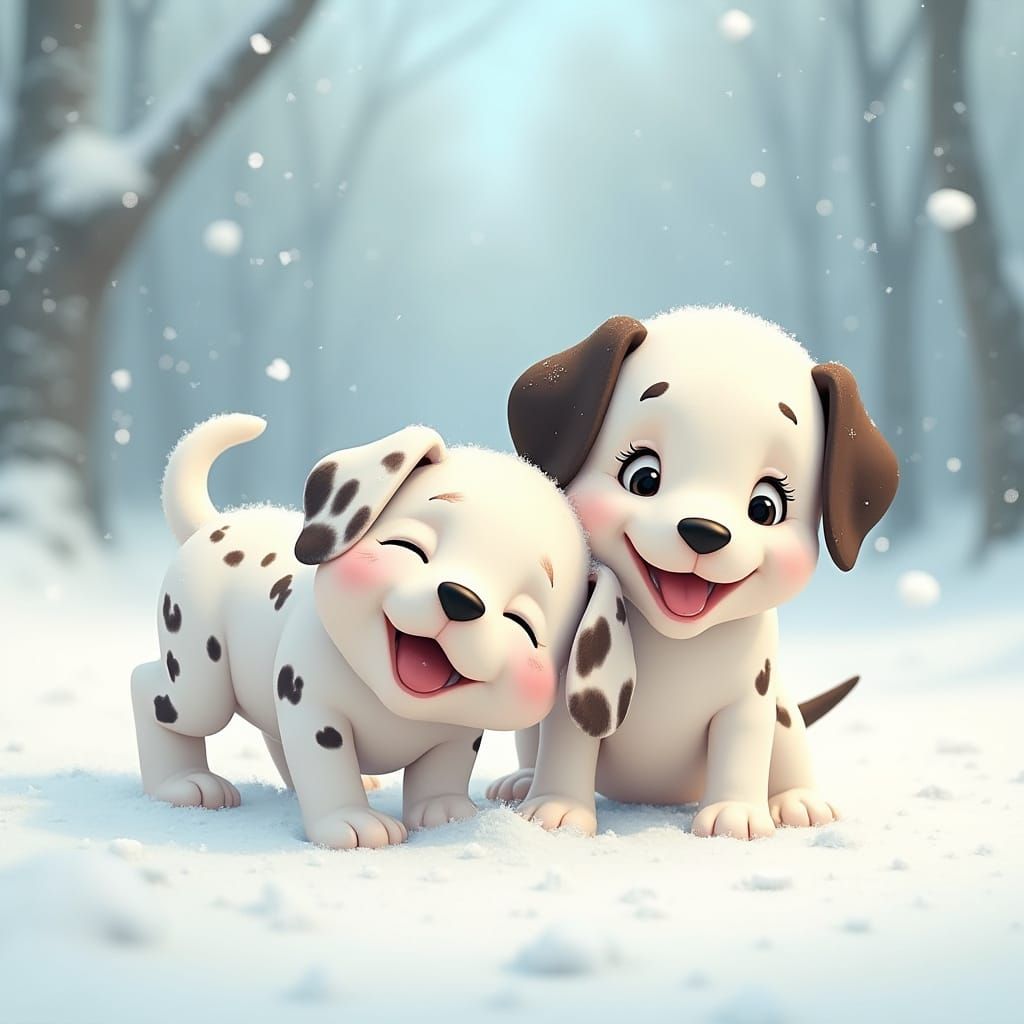 Playful Dalmatian Puppies in Snowy Scene