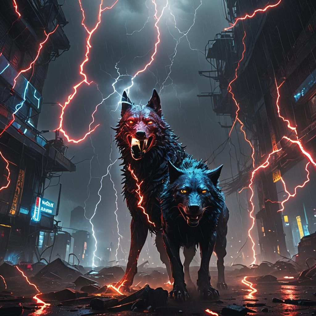 Wolf in Cyberpunk Storm with Lightning