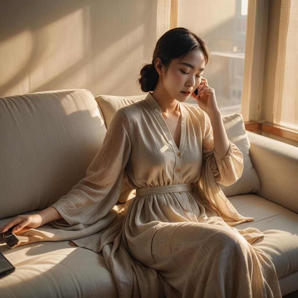 Serene Asian Woman in Linen Dress, Hyperrealistic
