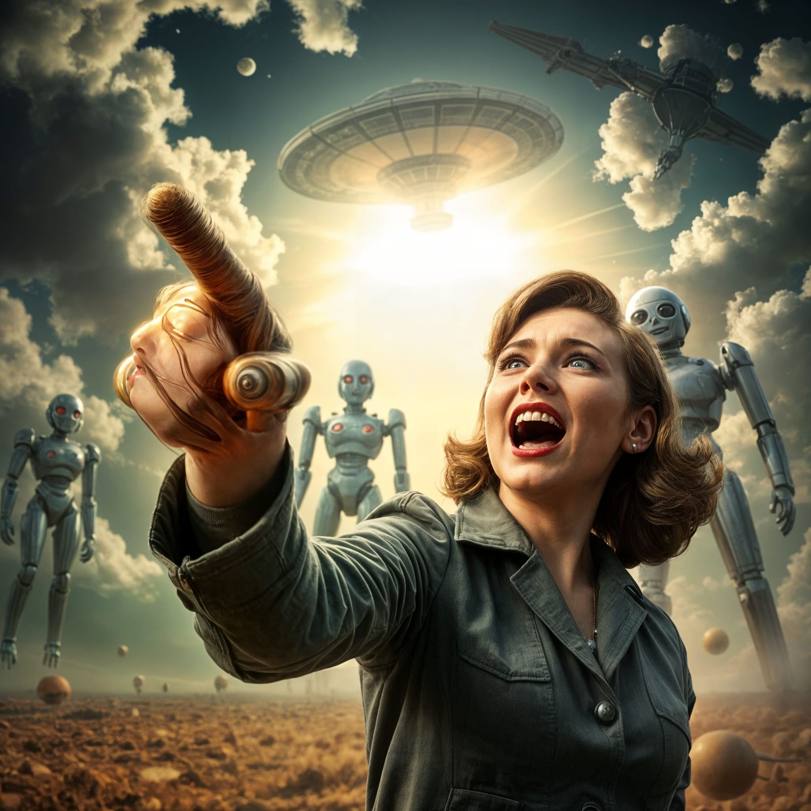 1950s Sci-Fi Movie Poster with UFO and Robots