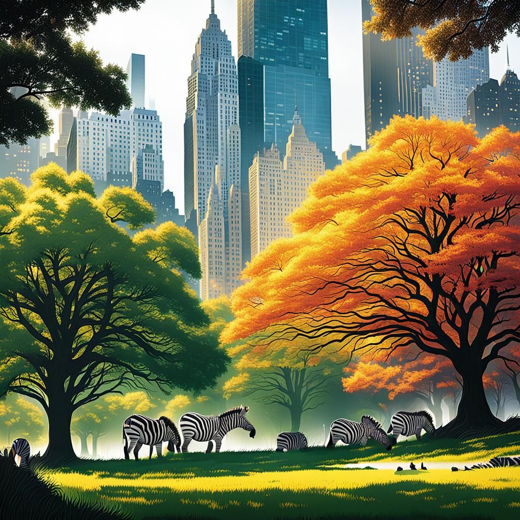 Zebras Graze in Central Park: Comic Book Art