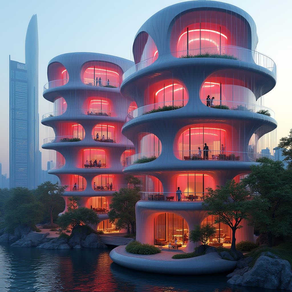 Futuristic Cityscape with Luminous Blooms Skyscrapers