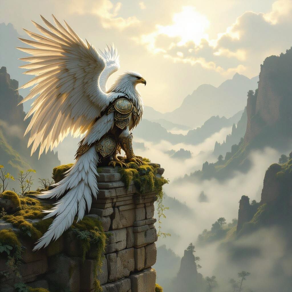 Griffin Perched Atop Ancient Ruin in Fantasy Style