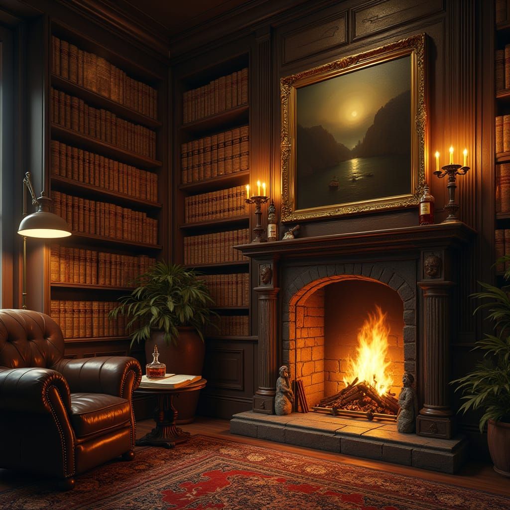 8K concept art. A cozy, inviting room, its walls lined with ...