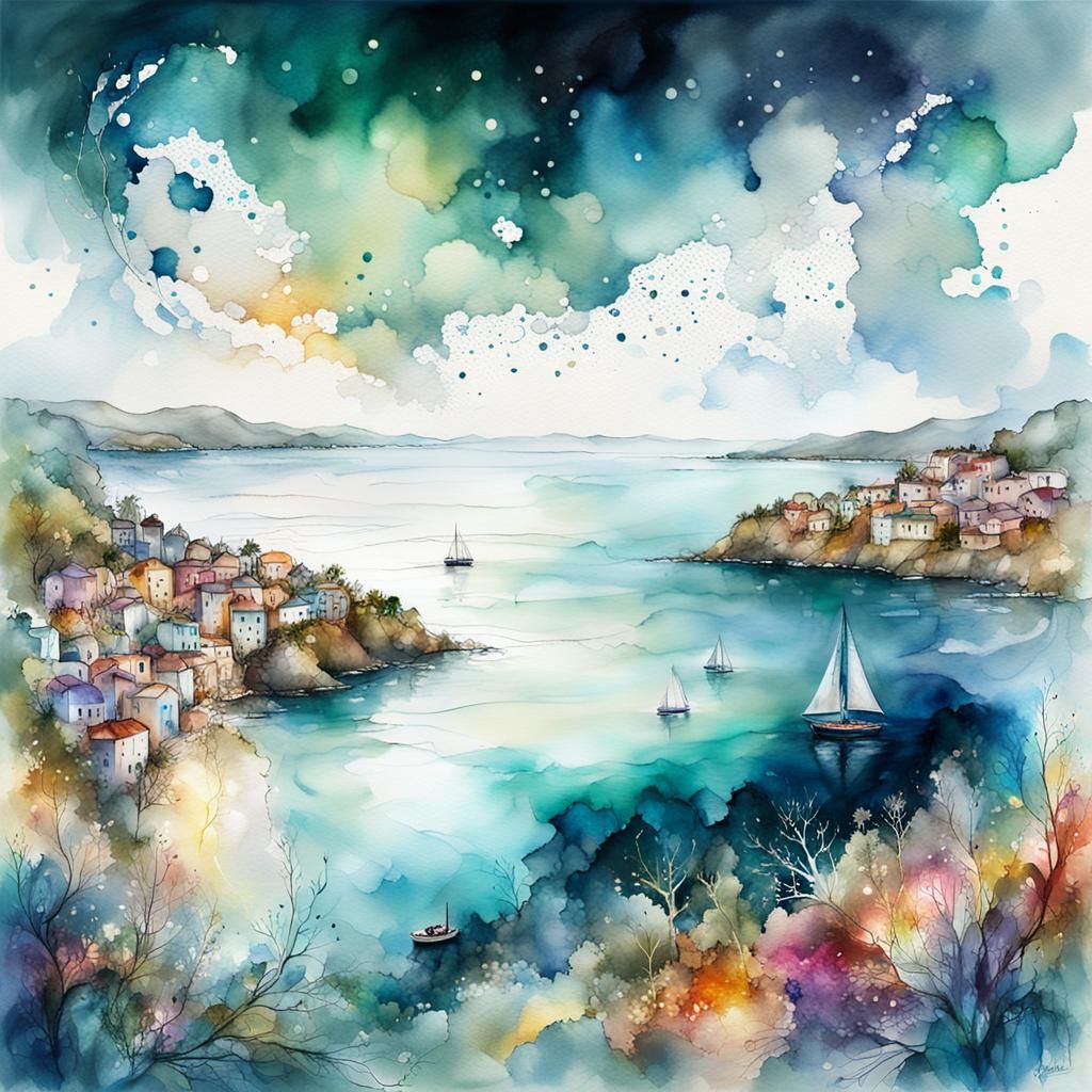 Coastal Village Overlook: Impressionist Digital Painting