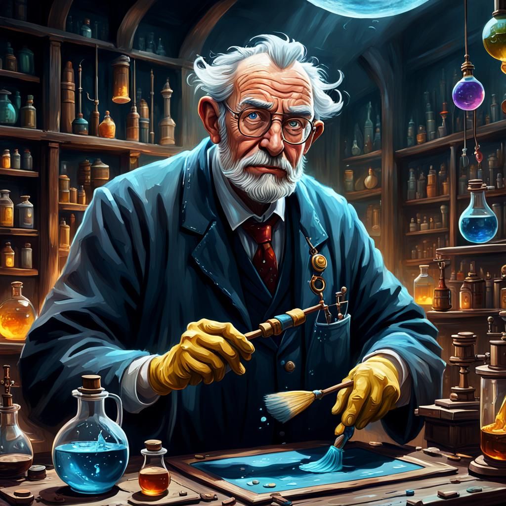 Humorous Science Professor in Detailed Oil Painting