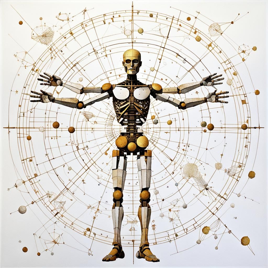 Vitruvian Cyborg in Constellation, Surreal 3D Art