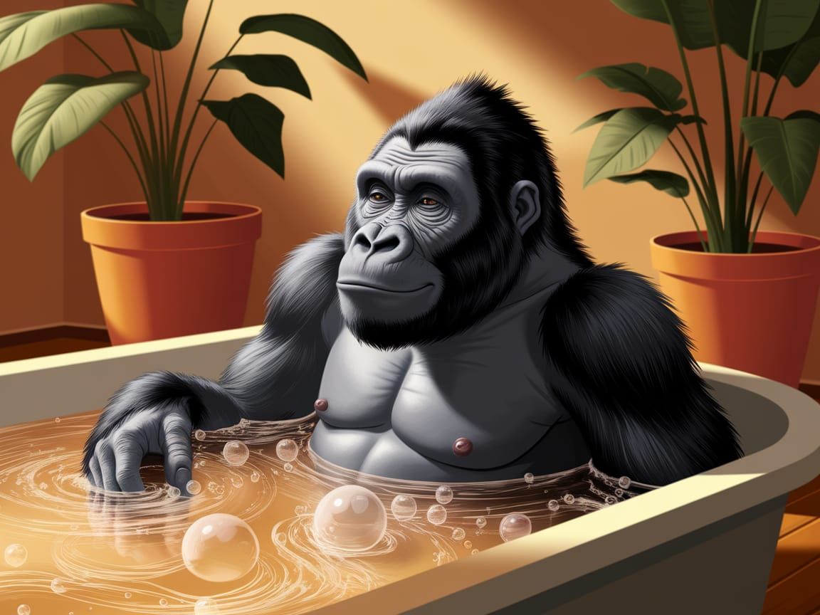 Content Gorilla Luxuriously Enjoying a Bubble Bath