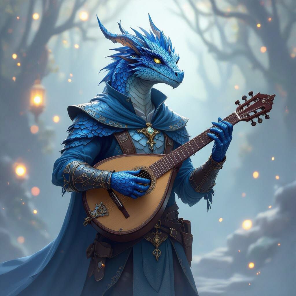 Blue Dragonborn Bard with Lute in Dreamy Mist