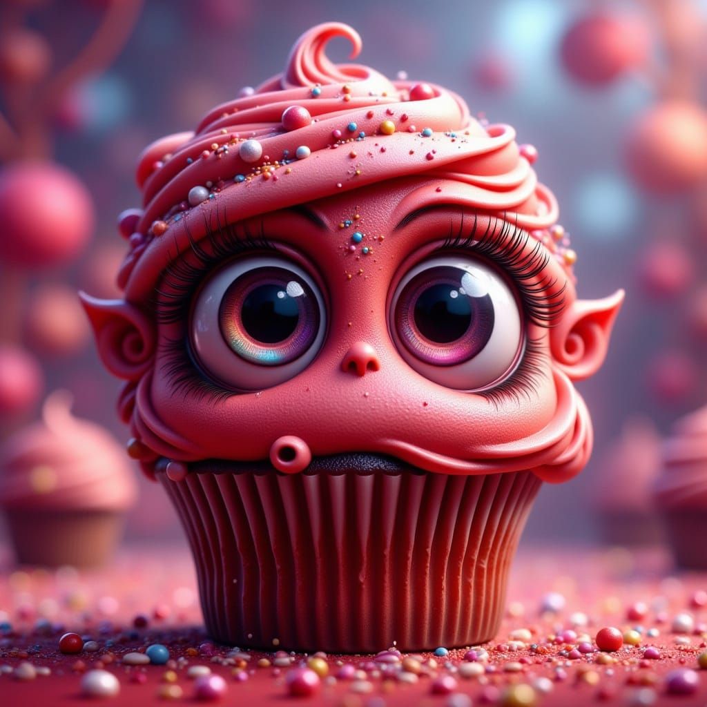 Adorable Gothic Cupcake Girl in Vibrant Fantasy Landscape